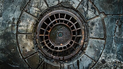 Fototapeta premium Close up view of a circular metal manhole cover in Penang Malaysia