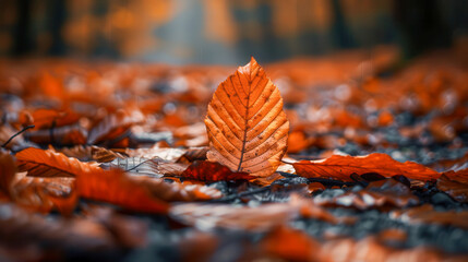 An orange autumn leaf standing on a path in the park