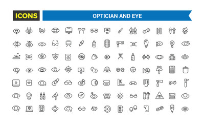 Optician and Eye icons set. Outline icons pack. Editable vector line icon set and illustration for web and UI application.