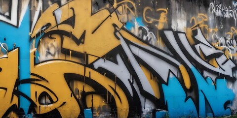 Abstract illustration graffiti background on the wall, irregular graffiti with golden yellow painting, black marker graffiti, roadside painting art