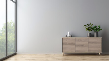 Stylish sideboard in a room with no people next to a window bathing the room with natural lighting. Elegant Real Estate interiors composition with minimal furniture.