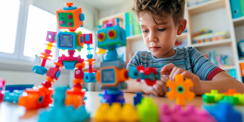 A focused boy constructs a vibrant robot, enjoying playful and educational activities indoors.
