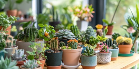 Various houseplants and cacti in pots highlight botanical growth and nature’s vibrant beauty in closeup detail.