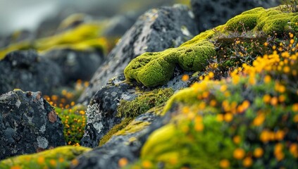 Moss-Covered Rocks with Yellow Wildflowers in Nature - Powered by Adobe