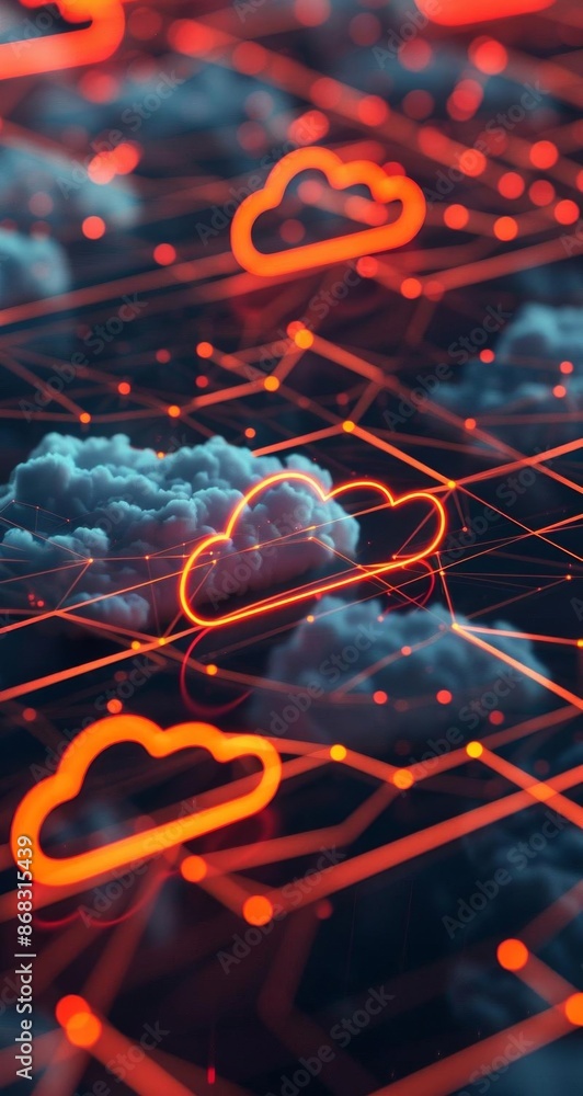 Aufkleber futuristic cloud networking with neon red and dark background