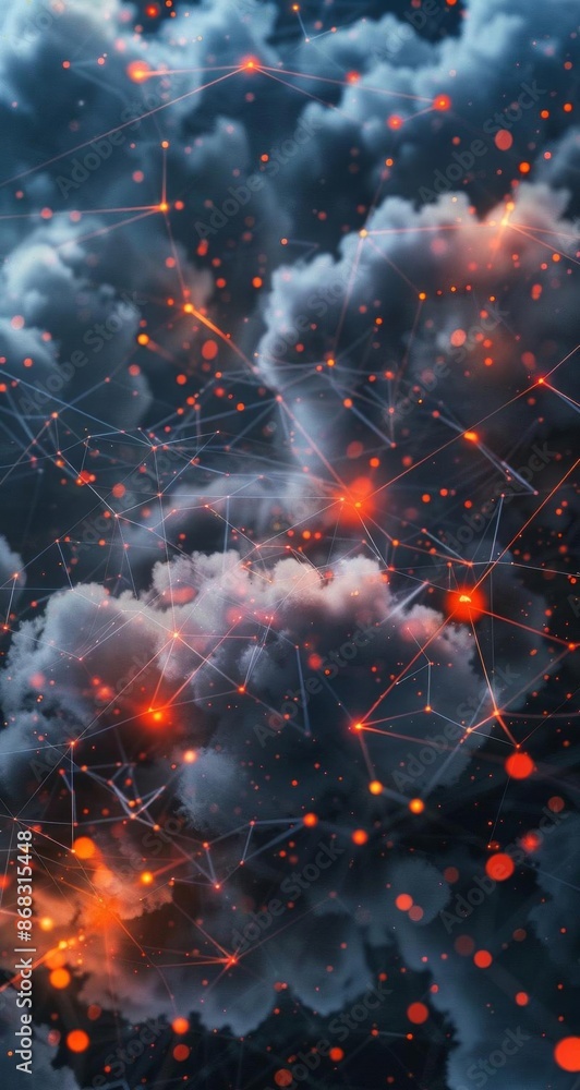 Poster abstract digital network with glowing orange dots on dark clouds