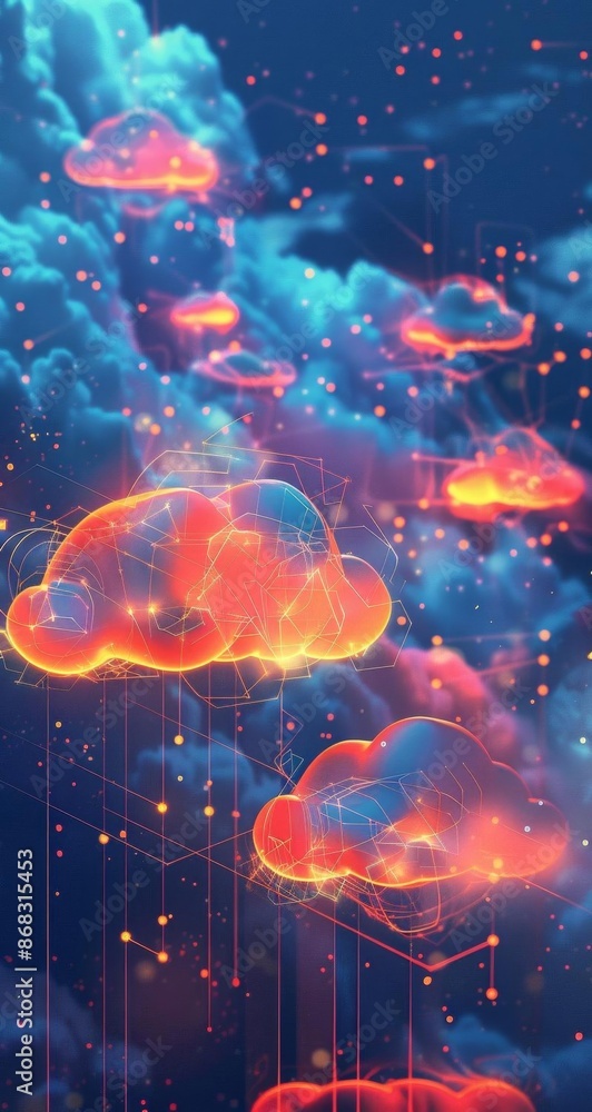 Poster digital abstract clouds with glowing colors in a dark sky