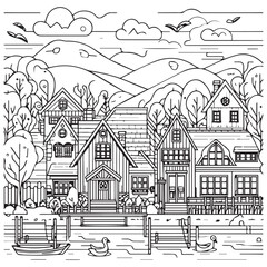 Fototapeta premium Simple black outline rural village coloring page for children