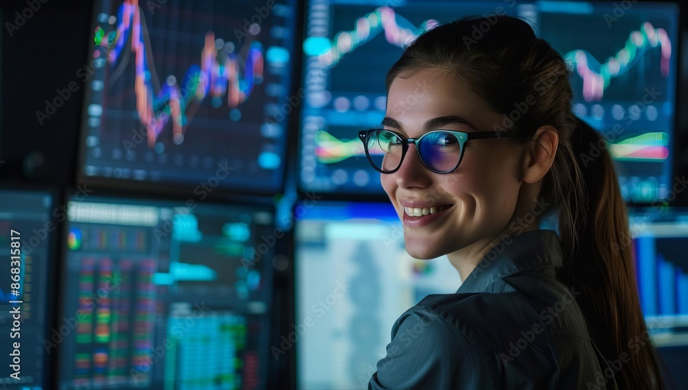 Poster professional trader analyzing stock market data on monitors