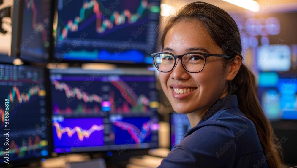Aufkleber woman analyzing stock data on multiple screens with graphs