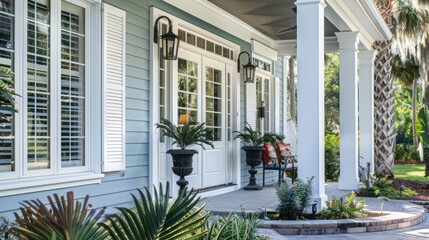 colonial revival home with crisp white Bahama shutters, adding a traditional touch with a functional twist