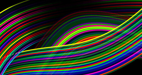 Digital technologies. Wavy multi-colored lines from many dots or particles on a black background. Vector illustration for your design.
