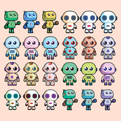 Robot character set for the animation with various views, hairstyle, emotion, pose and gesture. Robot innovation technology science emotions