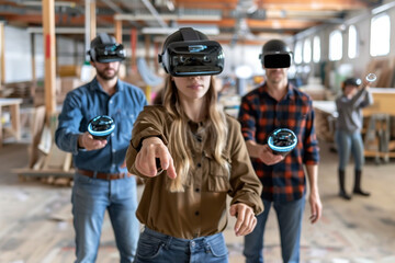 Group Using Virtual Reality Headsets in Modern Workshop