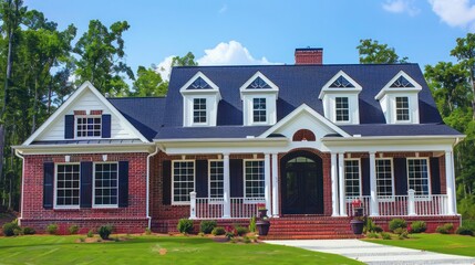 Fototapeta premium colonial revival house with Bahama shutters in classic navy, complementing the white trim and red brick for a timeless look