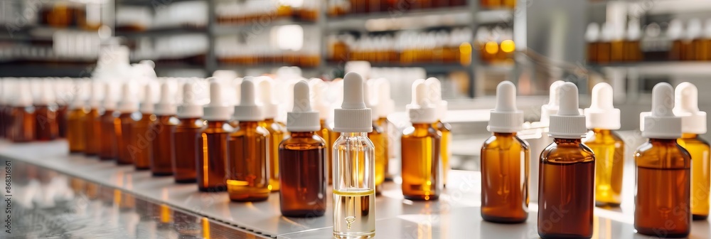 Poster lab bottles with amber droppers in a neat row