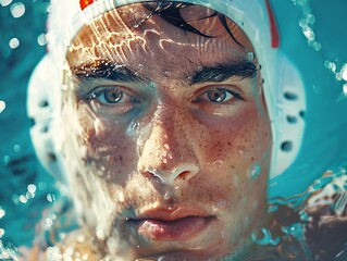 Water Polo Athlete in Close-up Preparing to Pass Ball Underwater, Sports Competition Concept