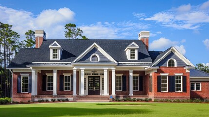 colonial revival house with Bahama shutters in classic navy, complementing the white trim and red brick for a timeless look