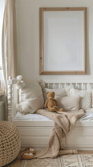 Mock up blank painting  frame in baby bedroom minimal wabi sabi interior design with white  color theme, background, wallpaper 