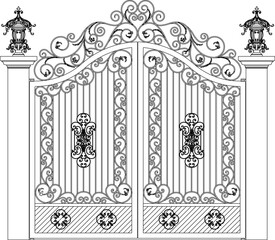 Sketch illustration silhouette vector drawing detail architectural engineering design classic vintage European ethnic old iron fence gate