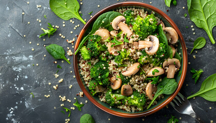 Healthy vegan salad of vegetables - broccoli, mushrooms, spinach and quinoa in a bowl. Flat lay. Top view