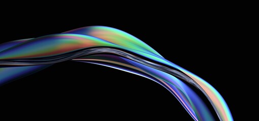 Abstract design, wavy iridescent shape on black background, 3d render