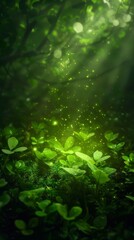 Saussurea involucrata surrounded by mystical glowing lights and lush green foliage in an enchanting forest scene