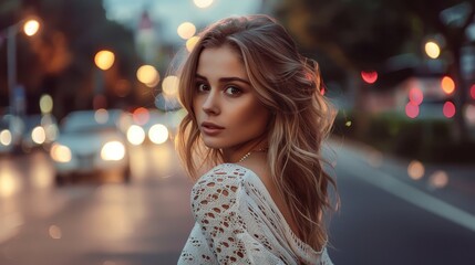Fototapeta premium A woman stands on a city street at night