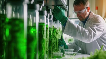 Professional environmental engineer inspect seaweed or bio fuel sample at laboratory. Attractive scientist checking and doing experiment with algae or seaweed while wearing lab coat. Science. AIG42.