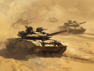 Israeli Tank Platoon in Desert FormationHeat Haze - Military Stock Photo