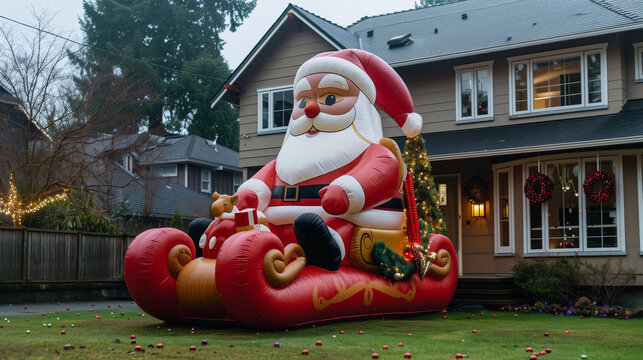 Front garden Christmas Santa Sleigh decorations giant inflatable holiday decor festive yard display cheerful seasonal outdoor scene family fun home happy bright colorful spirit neighborhood cute xmas