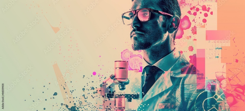 Poster the image shows a man wearing a lab coat and safety goggles, looking at a microscope. there are colo