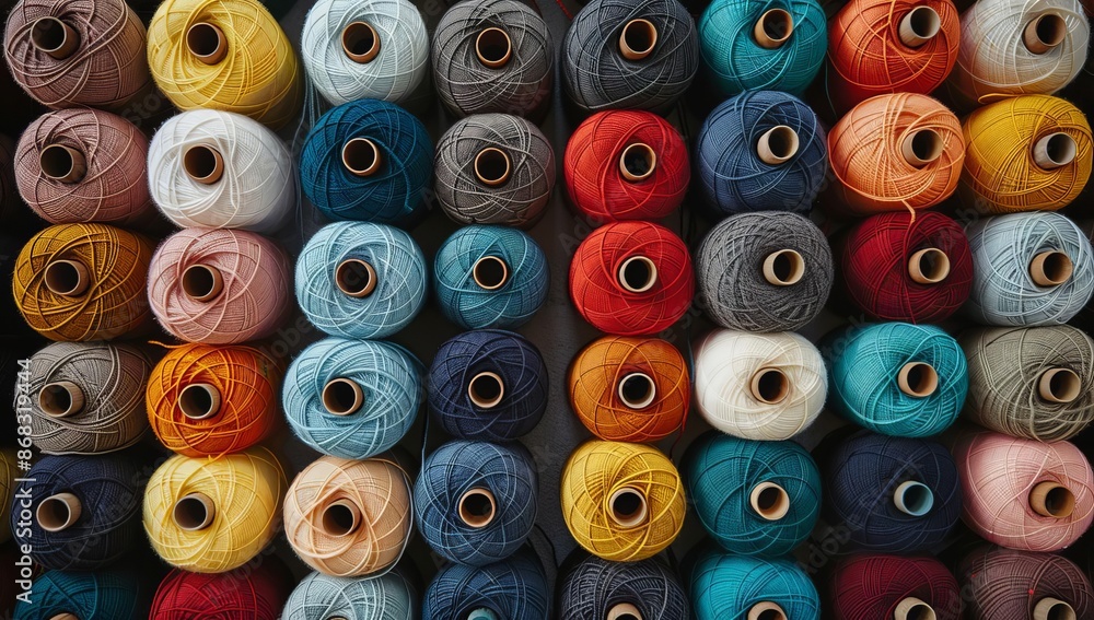 Poster colorful yarn spools in neat rows, vibrant color scheme