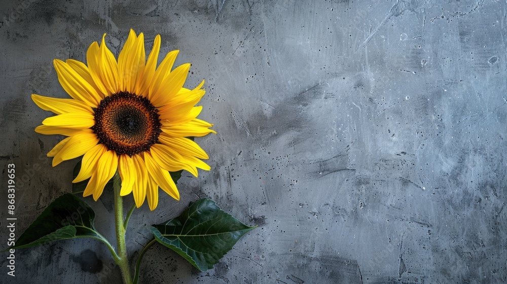 Poster sunflower with concrete backdrop and empty wall flat lay image