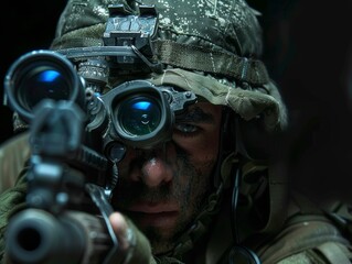 Israeli Special Forces Soldier in Night Vision Goggles Conducting Stealth Operation