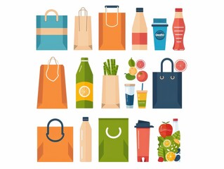 A collection of colorful shopping bags, drinks, and groceries in vector illustration. Ideal for retail and food-related projects.