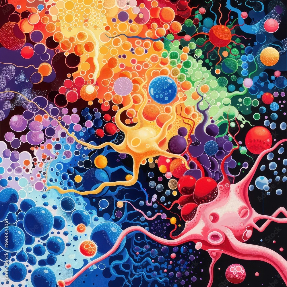 Poster Vibrant abstract painting with colorful bubbles and neural-like patterns, blending various hues to create a visually captivating composition.