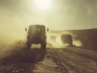 Israeli Army Patrol Convoy on Dusty Road Under Midday Sun Military Operation Photo.