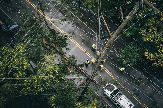 Utility Workers Fixing Power Lines on Storm-Damaged Road