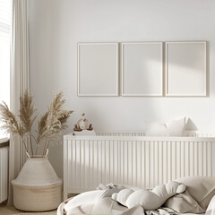 Mock up three blank painting  frame in baby kid’s bedroom, minimal wabi sabi interior design with white  color theme, background, wallpaper 