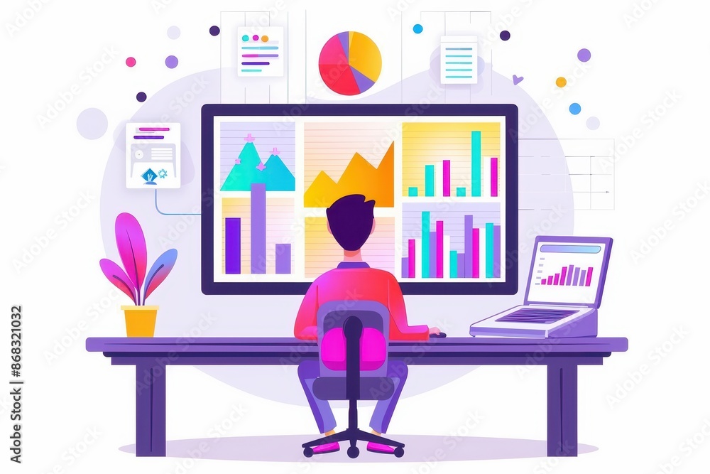 Aufkleber Illustration of a person analyzing data on computer screens with charts and graphs. Concept of data analysis, business, and productivity.