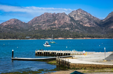 Freycinet Peninsula, Tasmania, as seen from Coles Bay boat jetty.