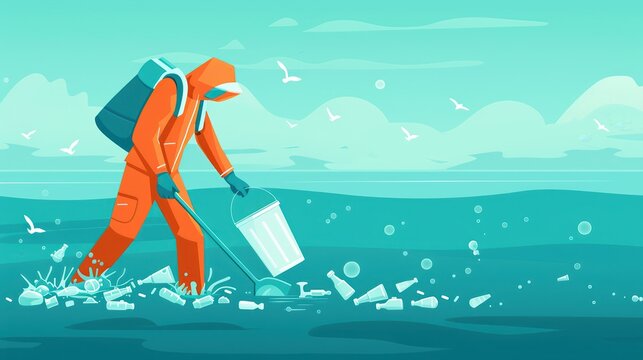 Illustration of a person in an orange suit cleaning up plastic waste from the ocean, promoting environmental awareness and conservation efforts.