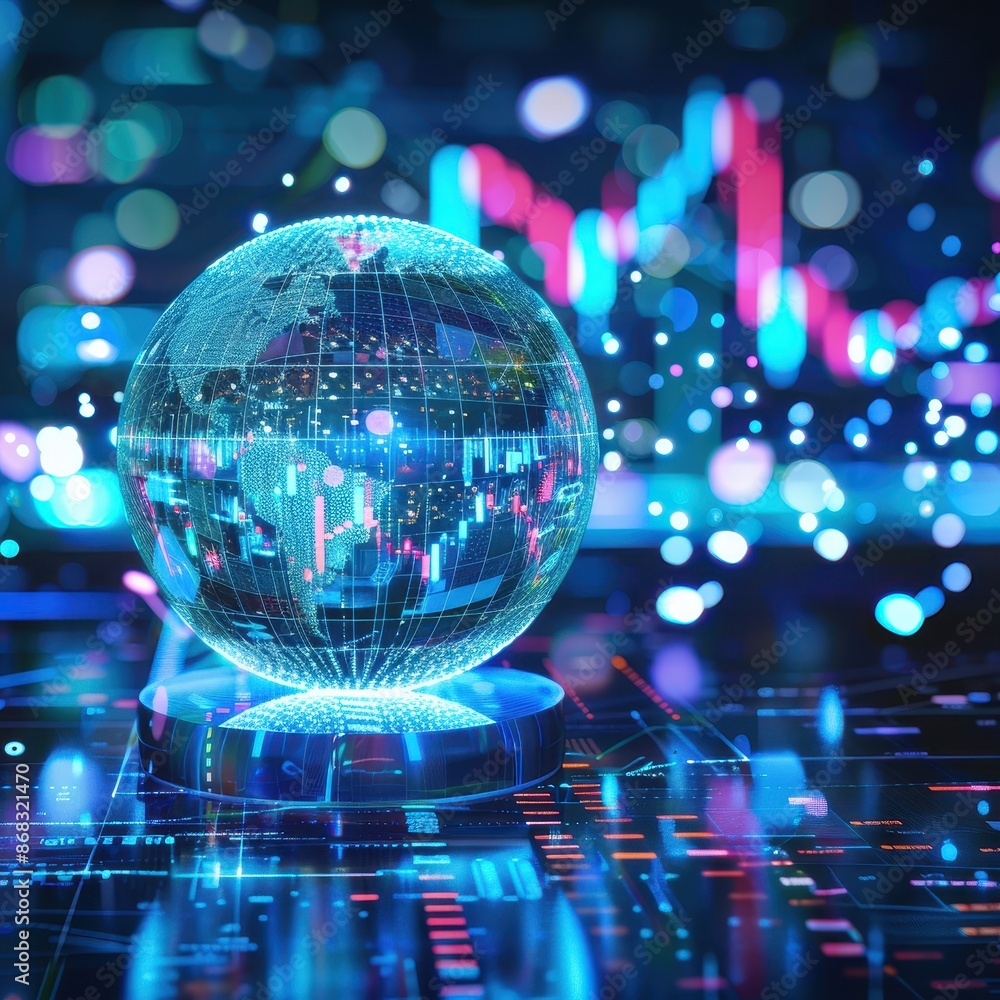 Aufkleber Futuristic digital globe with neon lights and data charts, representing technology and global communication in a modern world.