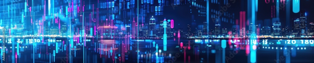 Aufkleber futuristic cityscape with vibrant digital lines and lights creating an abstract technology-themed ba