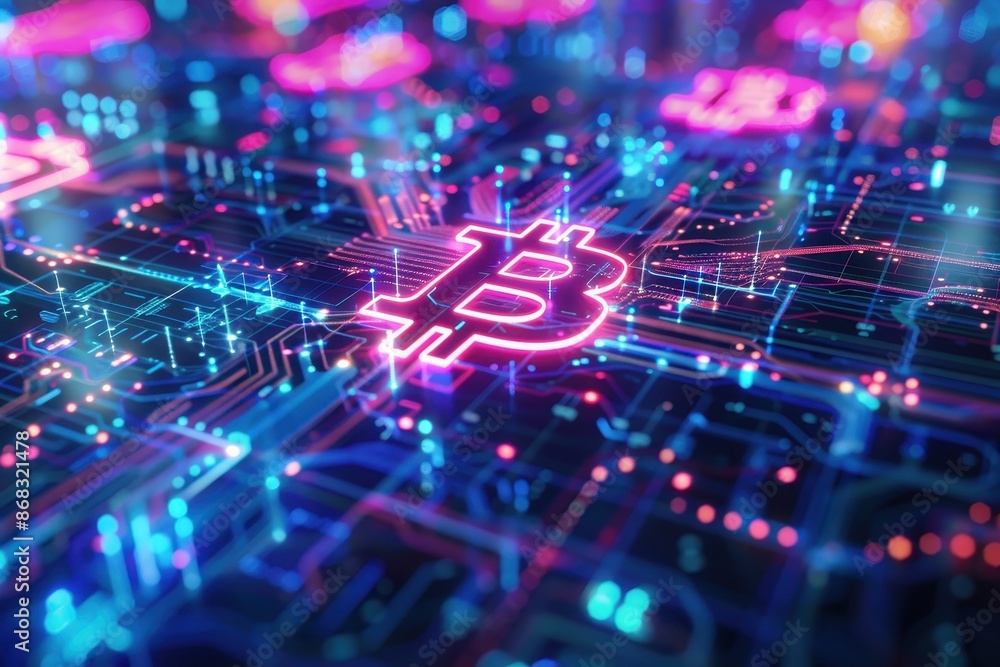 Fototapete futuristic digital circuit board with glowing bitcoin symbol, representing cryptocurrency technology