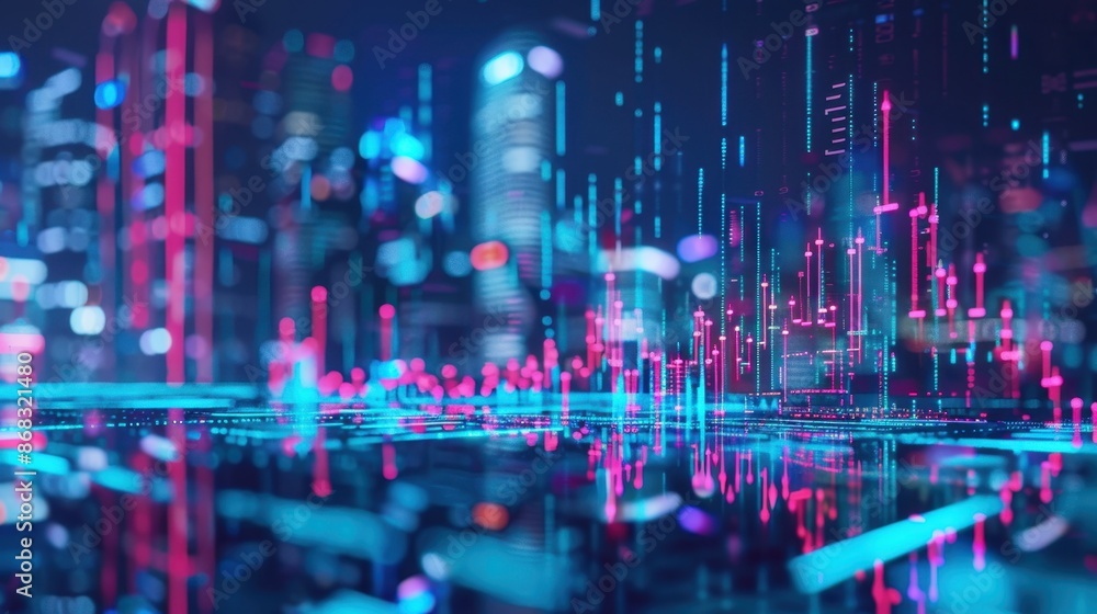 Poster futuristic cityscape with vibrant neon lights and digital matrix effects, creating a colorful and dy