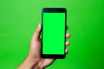 hand holding smartphone with green screen on chromakey background