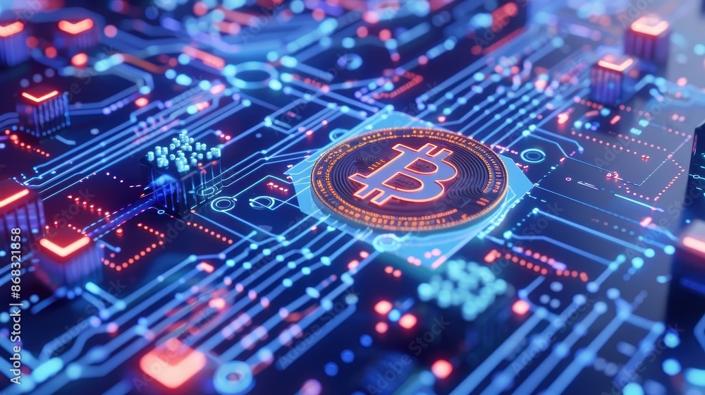 Aufkleber Digital illustration of a Bitcoin symbol on a circuit board, representing cryptocurrency and blockchain technology.