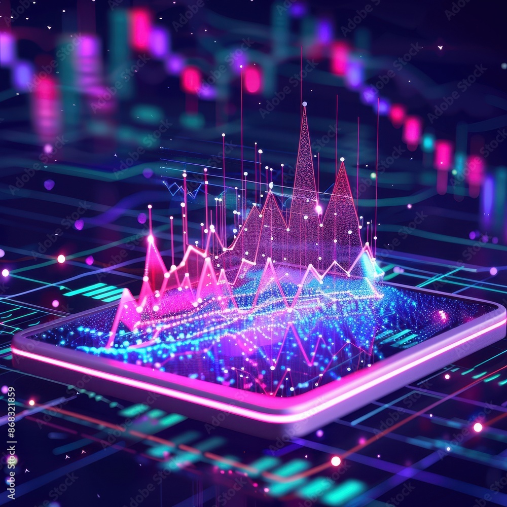 Poster digital data visualization on smartphone, representing analytics, graphs, and futuristic technology 